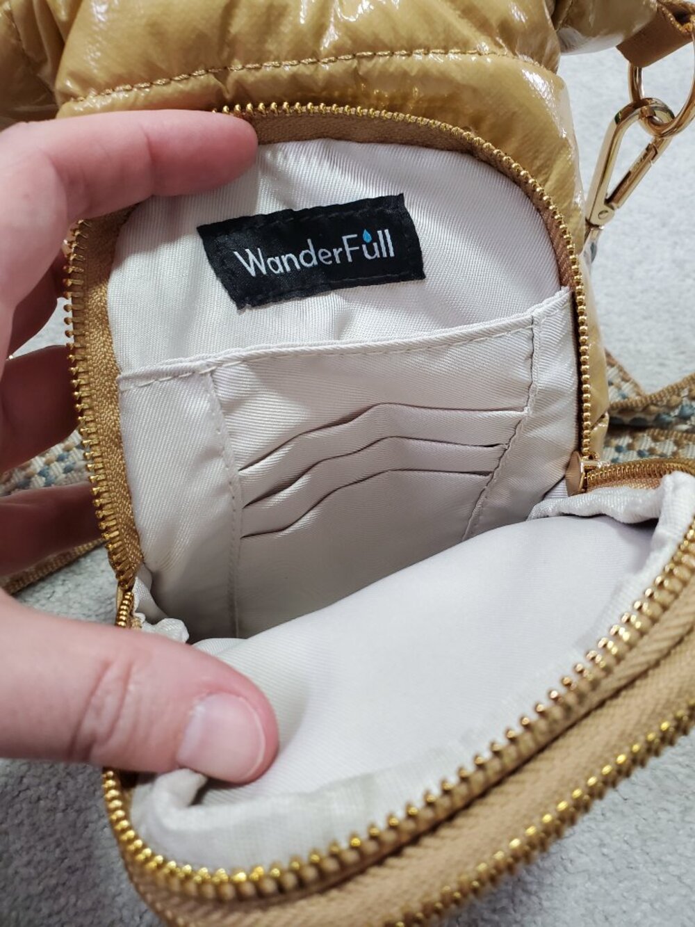 WANDERFULL HydroBag Crossbody Water Bottle Bag Puffer Glossy Camel Tan Gold 11x6 - Picture 8 of 11